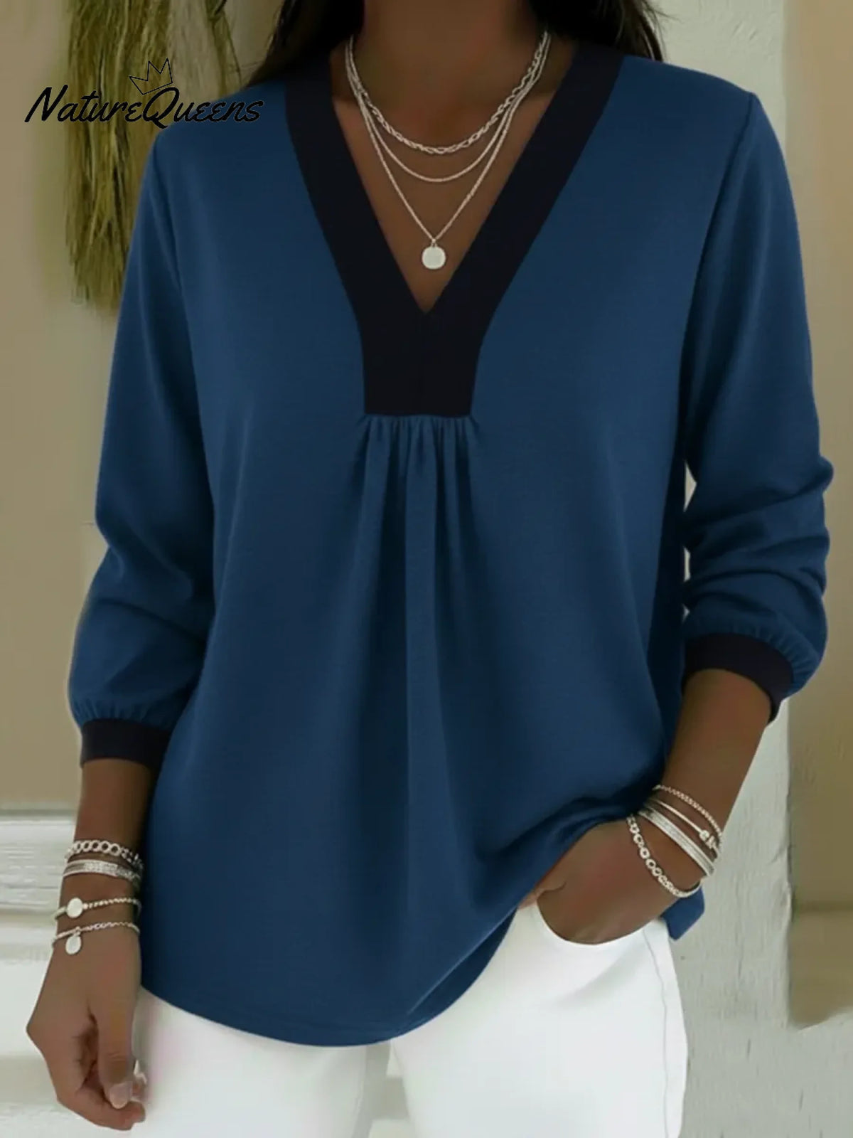 Casual Color-block V-neck Cotton Shirt Top
