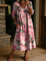 Women's Flower Print Casual Loose-fit Cotton-linen Dress With Lace Trim And Paneling