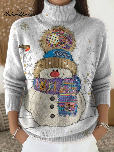 Women's Christmas Snowman Casual Printed Turtleneck Sweater