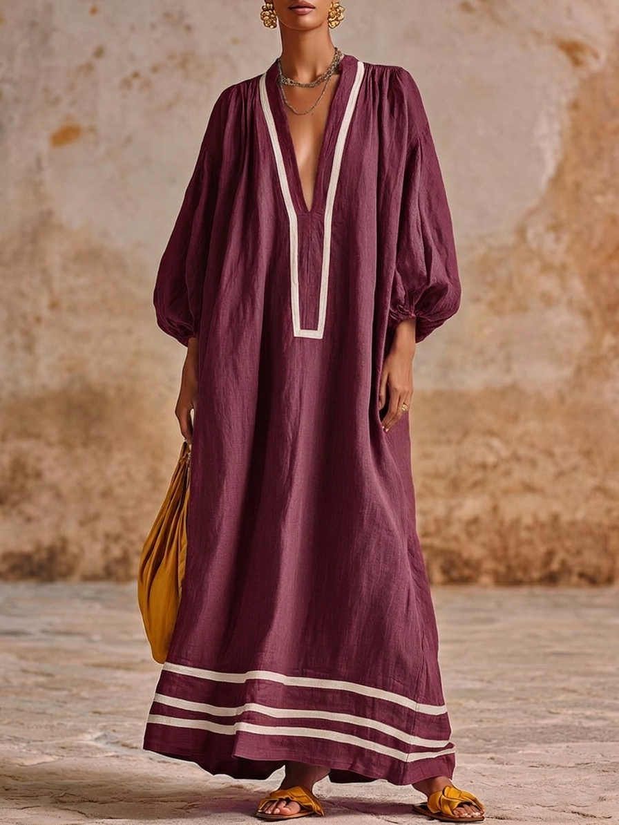 Artistic Line Color Block Loose Lantern Sleeve Maxi Dress