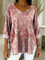 Women's Retro Gradient Ethnic Art Patterns Casual Washed Denim Cotton Top