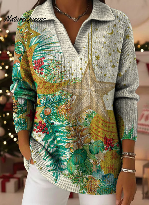Christmas Tree Snowflakes Bow Art Pattern Art Polo Collar Shiny Loose Sweater Top