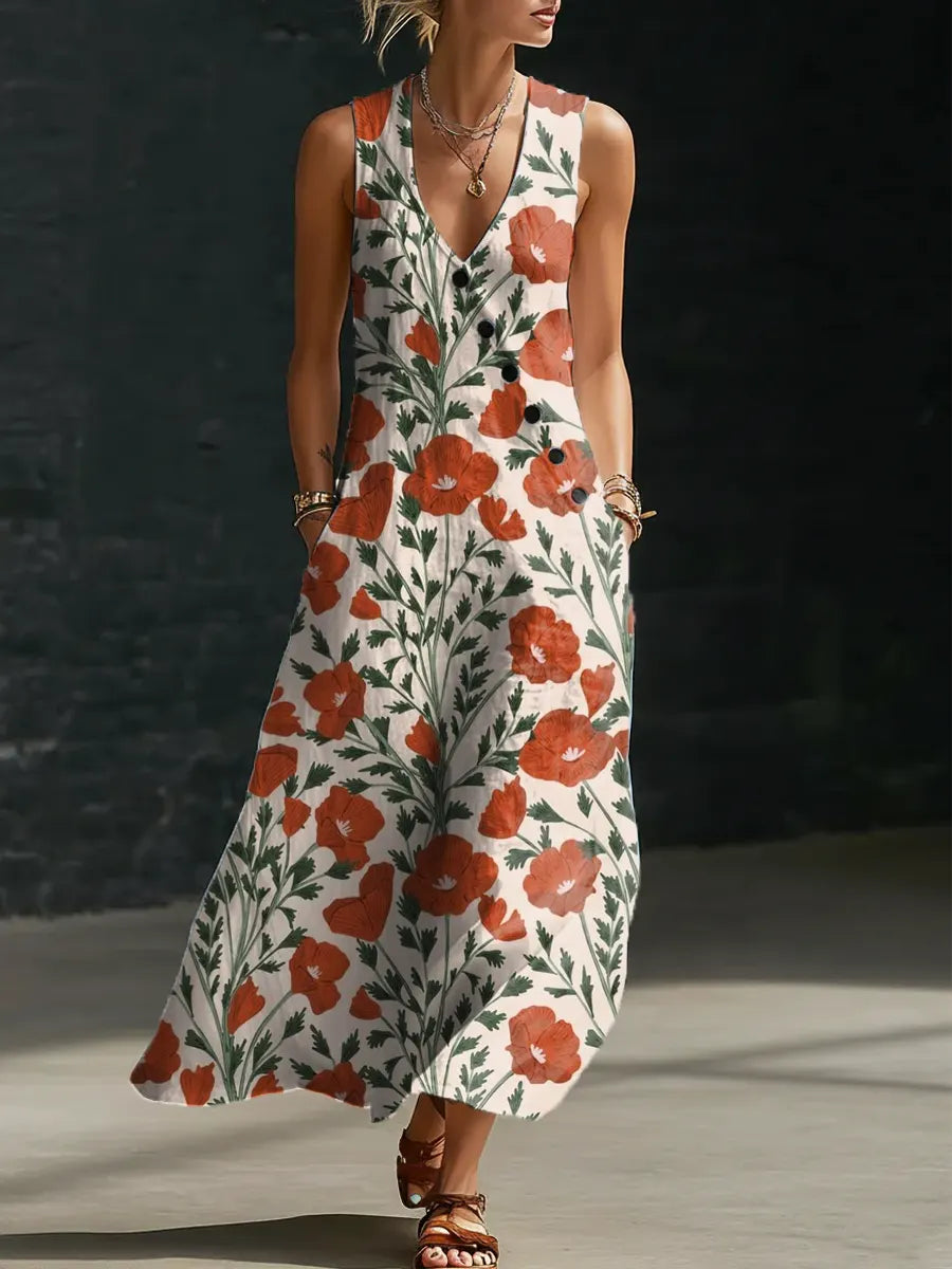 Women's Floral Pattern Art Print Casual Cotton Linen Dress