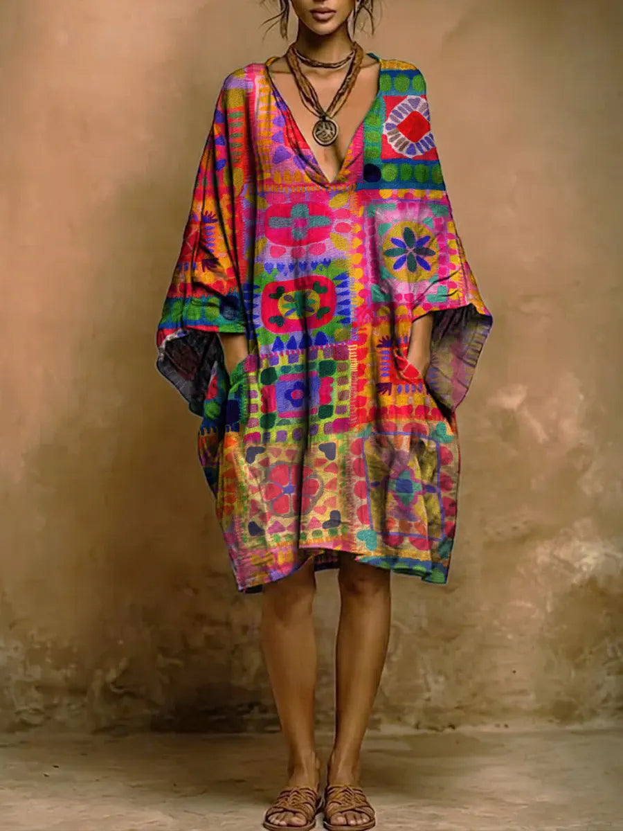 Women's Bohemian Ethnic Style Colorful Print Short-sleeve Cotton-linen Dress