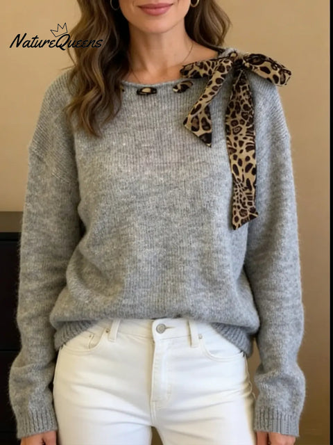Women's Round Neck Long-sleeved Leopard Print Bow Tie Casual Loose Knit Pullover