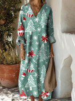Women's Vintage Christmas Tree Pattern Art Print Cotton Dress
