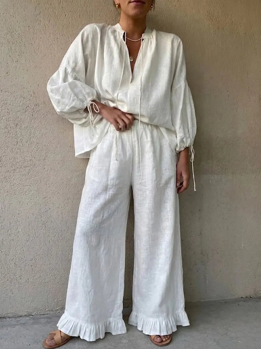Women's Linen Ruffle Wide-leg Pants Suit