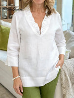 Women's Solid Color V-neck 3/4 Sleeve Casual Loose Cotton And Linen Top