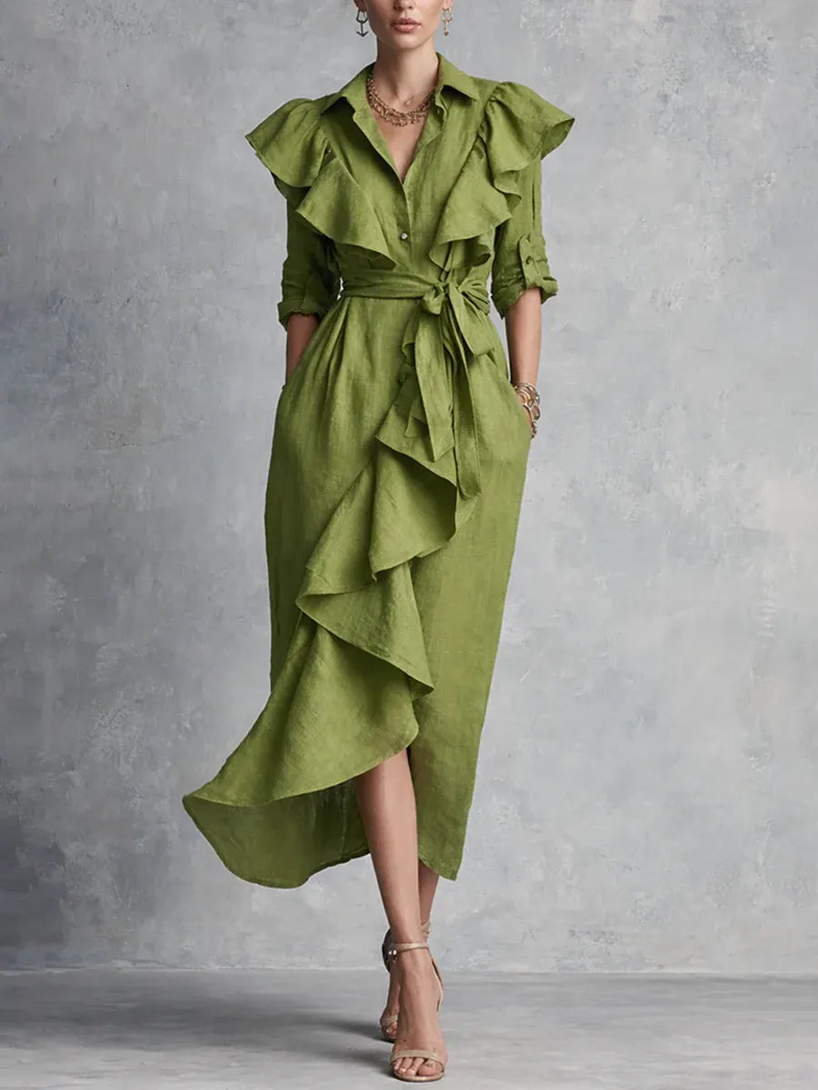 Ruffle Tie Linen Shirt Dress