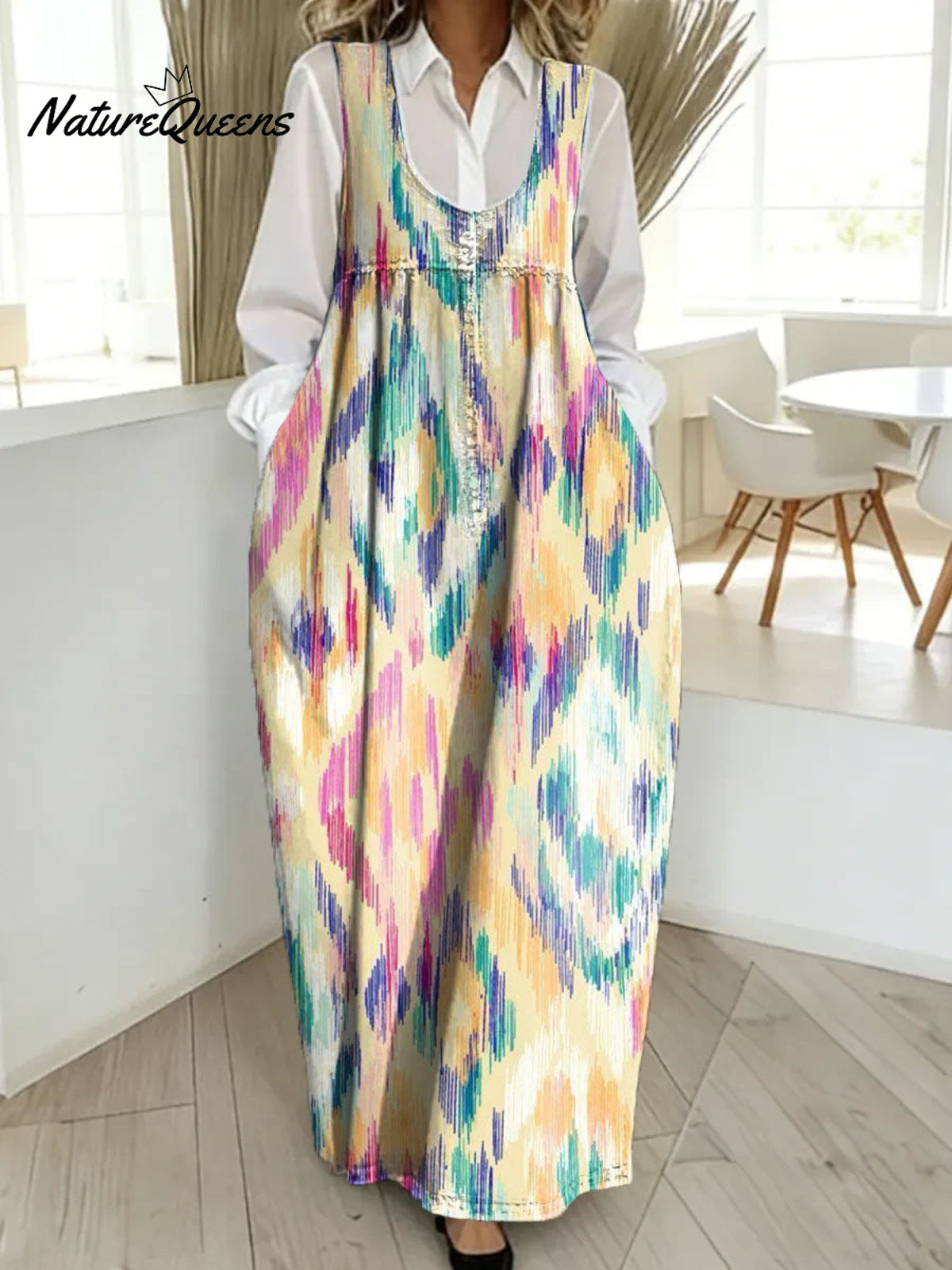 Women's Retro Colorful Pattern Art Print Casual Cotton Denim Dress