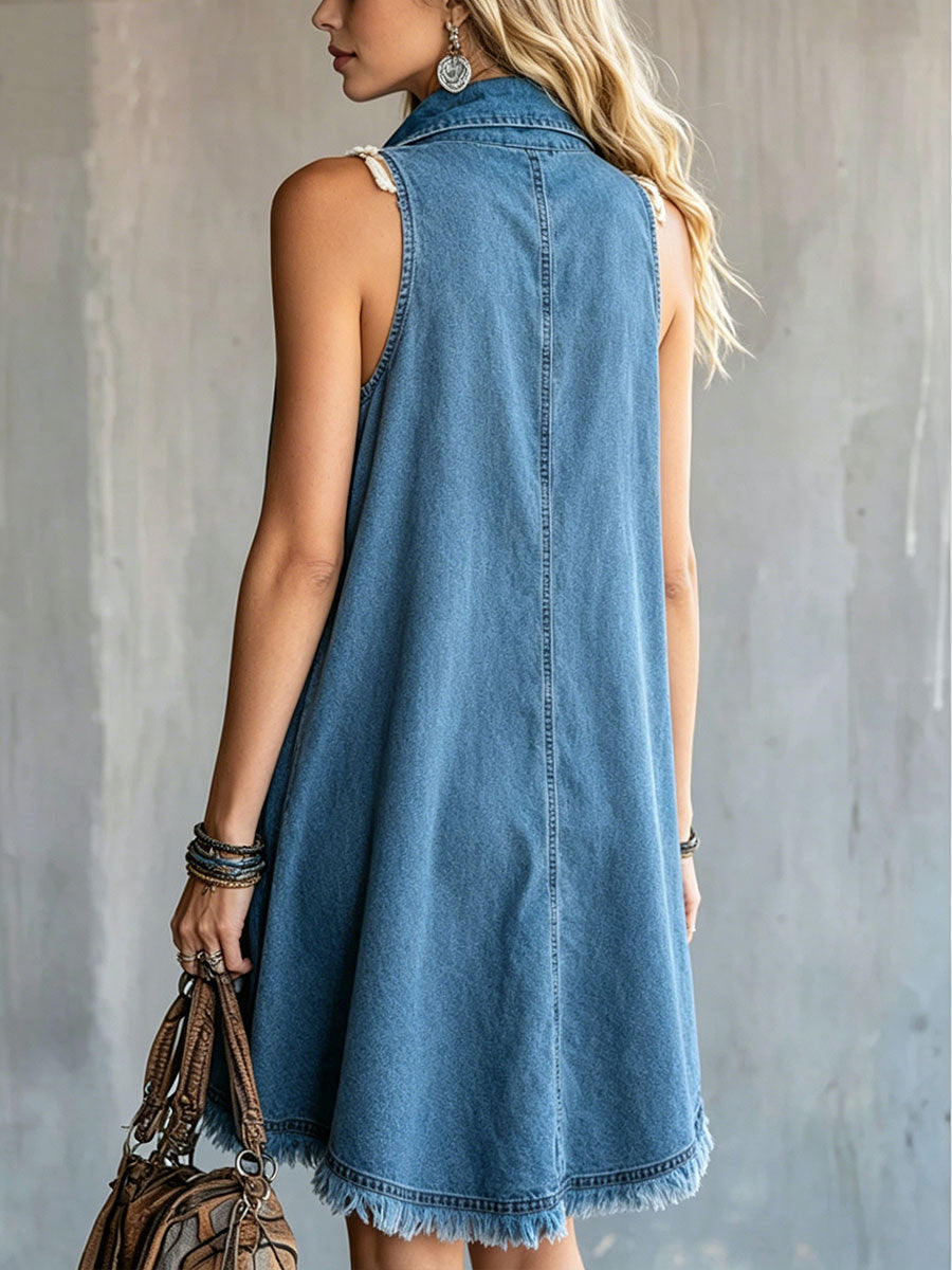 Women's Frayed-hem Denim Lapel Collar Sleeveless Mini Dress