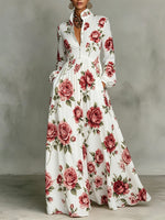 Classic Rose Floral Print Dress — Featuring A Turn-down Collar, Cinched Waist, And Flared Skirt