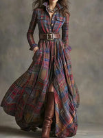 Women's Vintage Plaid Pattern Art Print Casual Cotton Dress