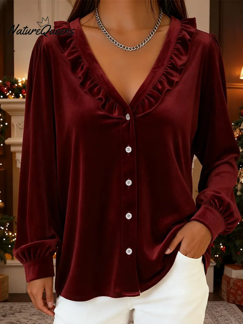 Women's Elegant Velvet V-neck Ruffled Shirt