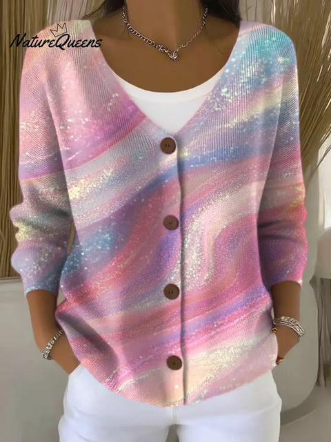 Gradient Colorful Art Print Buttoned V-neck Cardigan Sweater