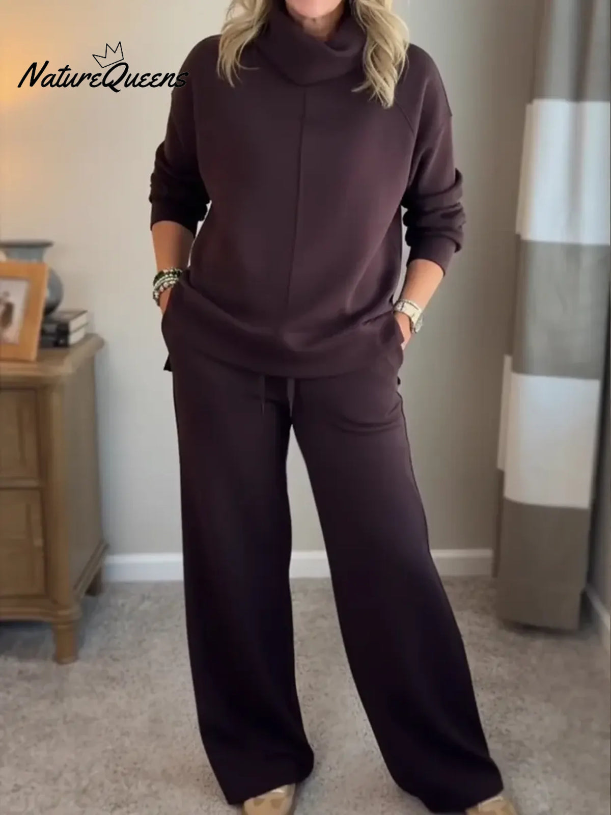 Women's Casual Turtleneck Cotton Sweatshirt And Pants Two-piece Set