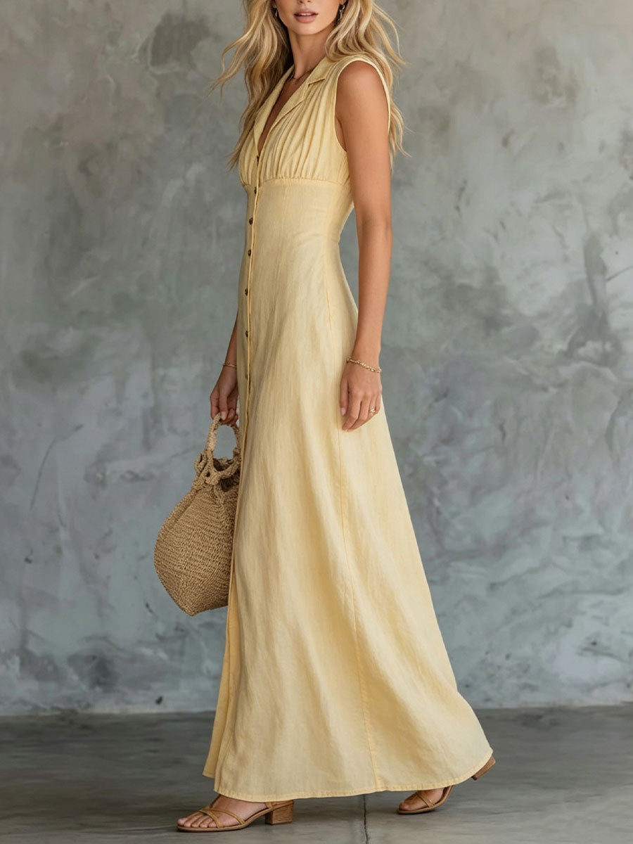 Women's Retro Lapel Light Yellow Cotton-linen Shirt Dress