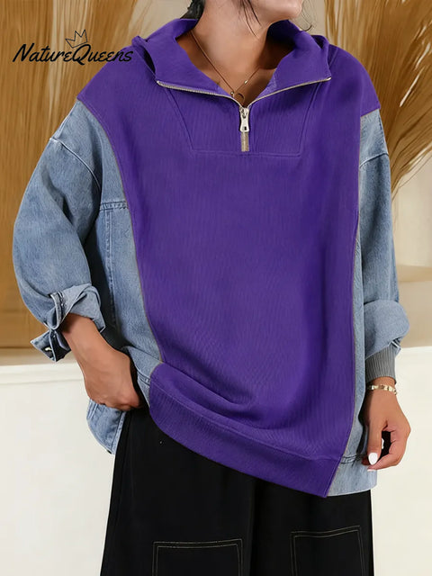 Women's Cardigan Collar Long Sleeve Casual Loose Denim Patchwork Knit Top