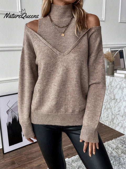 Women's Solid Color Casual Off-shoulder Turtleneck Knit Long-sleeved Sweater