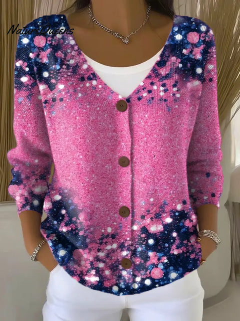 Gradient Colorful Art Print Buttoned V-neck Cardigan Sweater