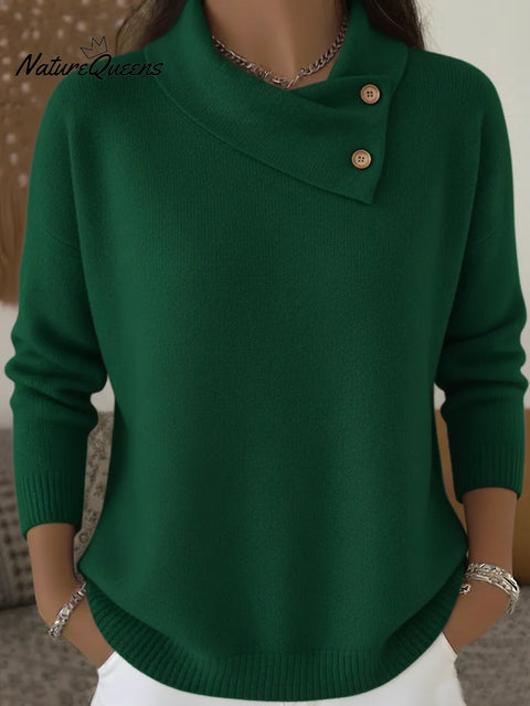 Elegant Scarf Collar Button-Up Solid Color Sweater Top