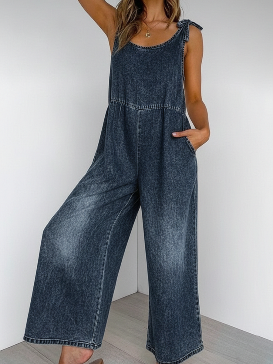 Casual Lace-up Loose Denim Jumpsuit