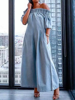 Women's Pleated Solid Color Split-joint Stretch Elastic Off-the-shoulder Jumpsuits