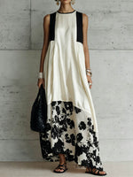 Women's Casual Loose Cotton-linen Dress — Crew Neck Sleeveless Placement Print
