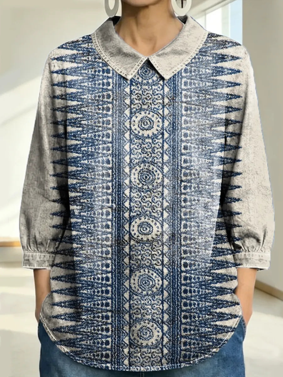 Women's Vintage Pattern Art Print Casual Denim 3/4 Sleeve Shirt