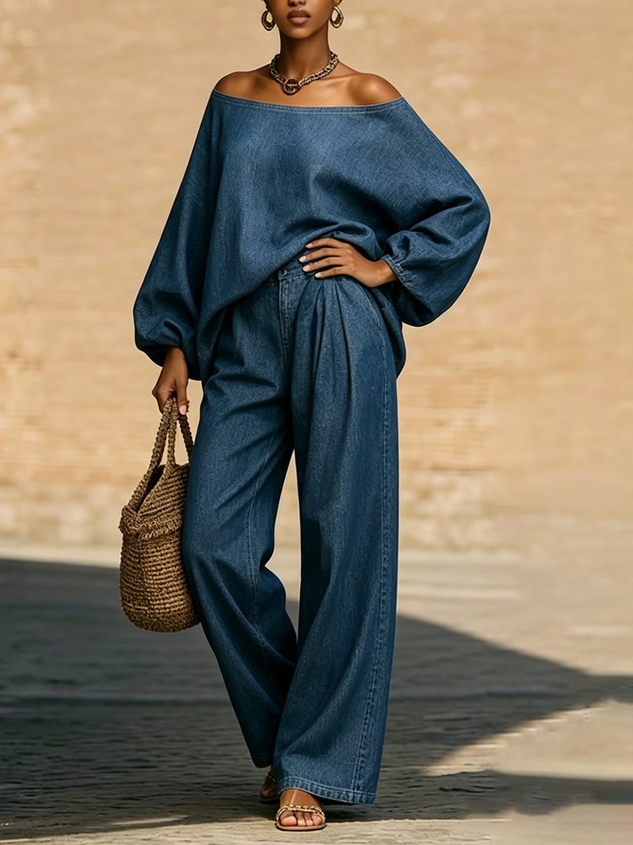 Stylish & Cozy Off-shoulder Denim Two-piece Set