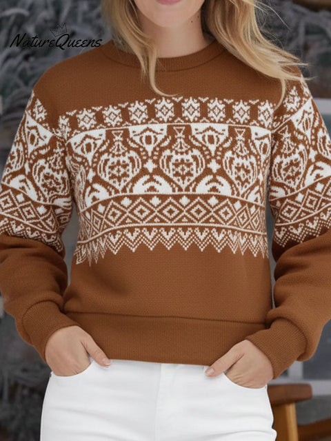 Retro Fair Isle Print Brushed Crew Neck Sweatshirt Pullover