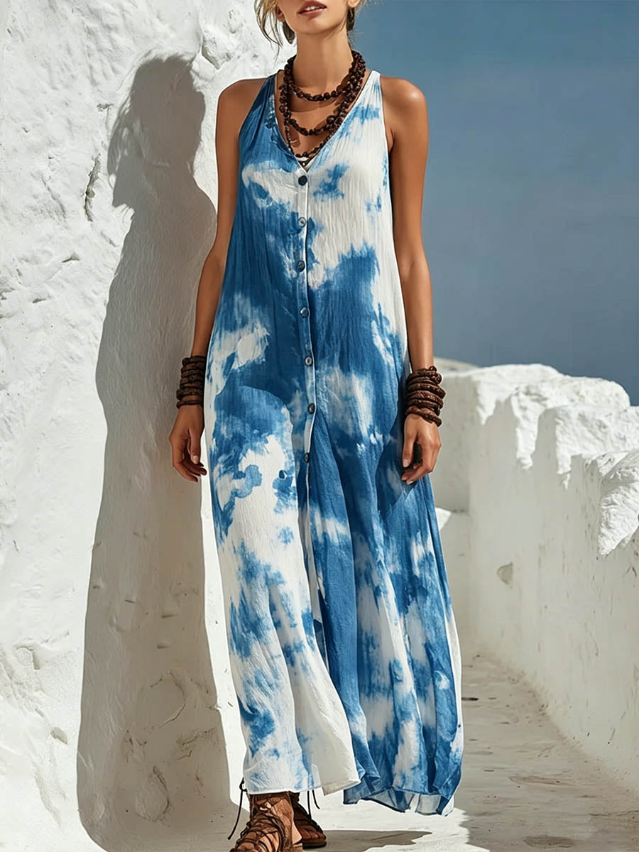 Women's Abstract Print V-neck Sleeveless Loose-fit Cotton-linen Casual Dress