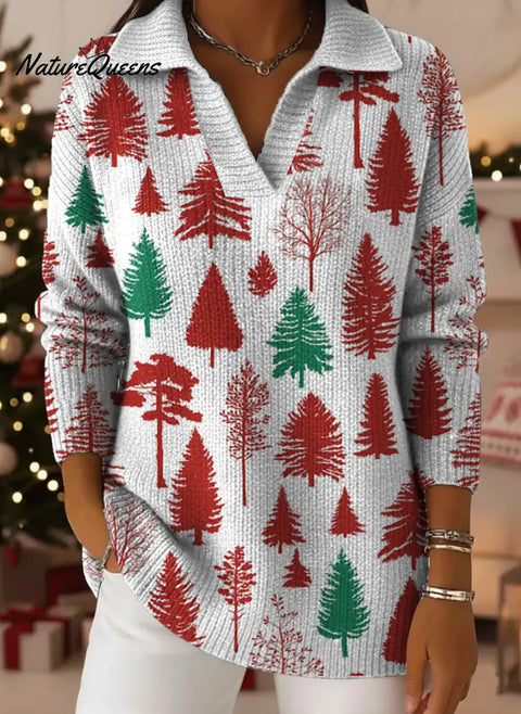 Women's Christmas Tree Art Print Casual Cotton Sweater