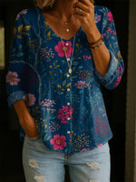 Women's Flower Art Print Linen Cotton Shirt