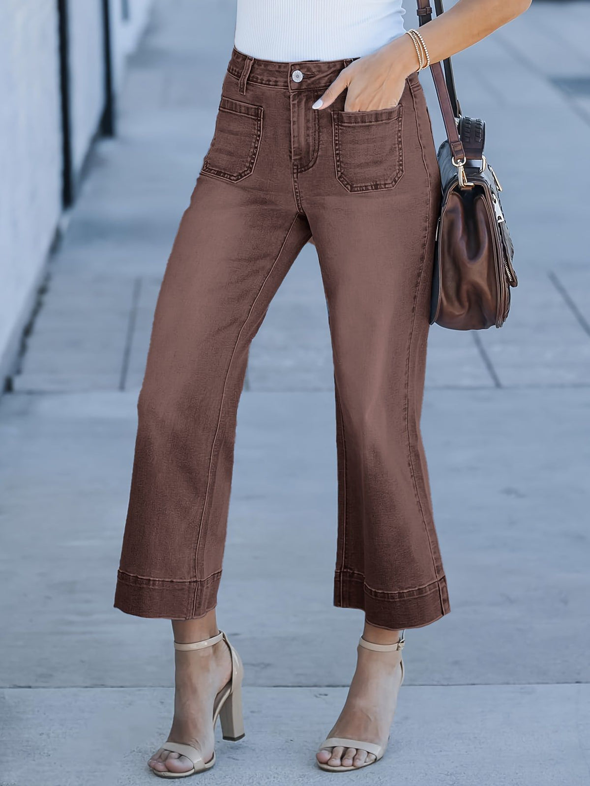 Women's Wide-leg Straight-fit Washed Denim Cropped Jeans