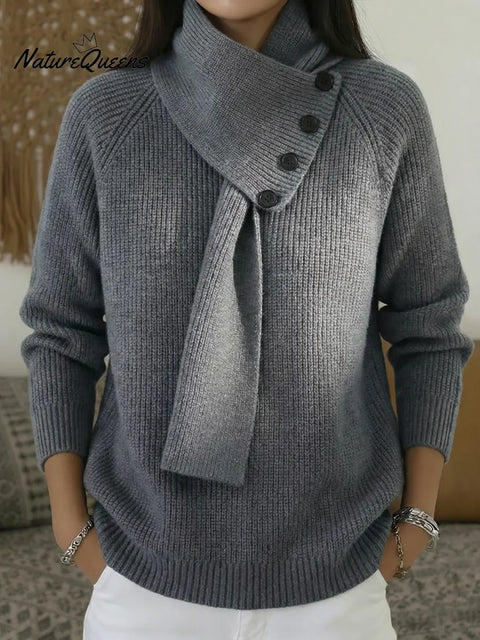 Women's Comfortable Pullover Sweater With Detachable Scarf.