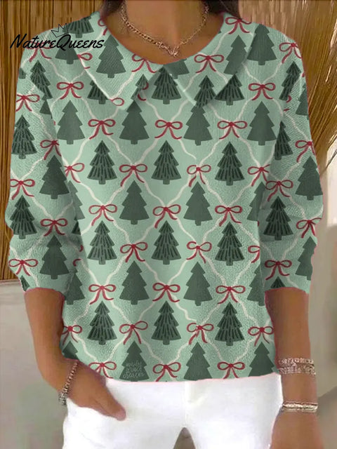 Women's Christmas Tree Print Casual Peter Pan Collar 3/4 Sleeve Sweater