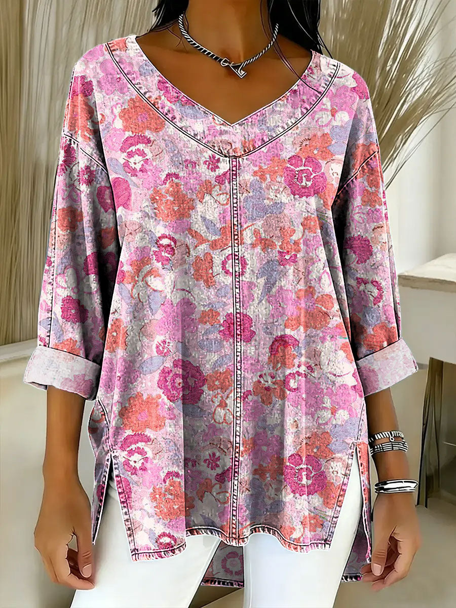Women's Retro Gradient Flowers Floral Art Patterns Casual Washed Denim Cotton Top