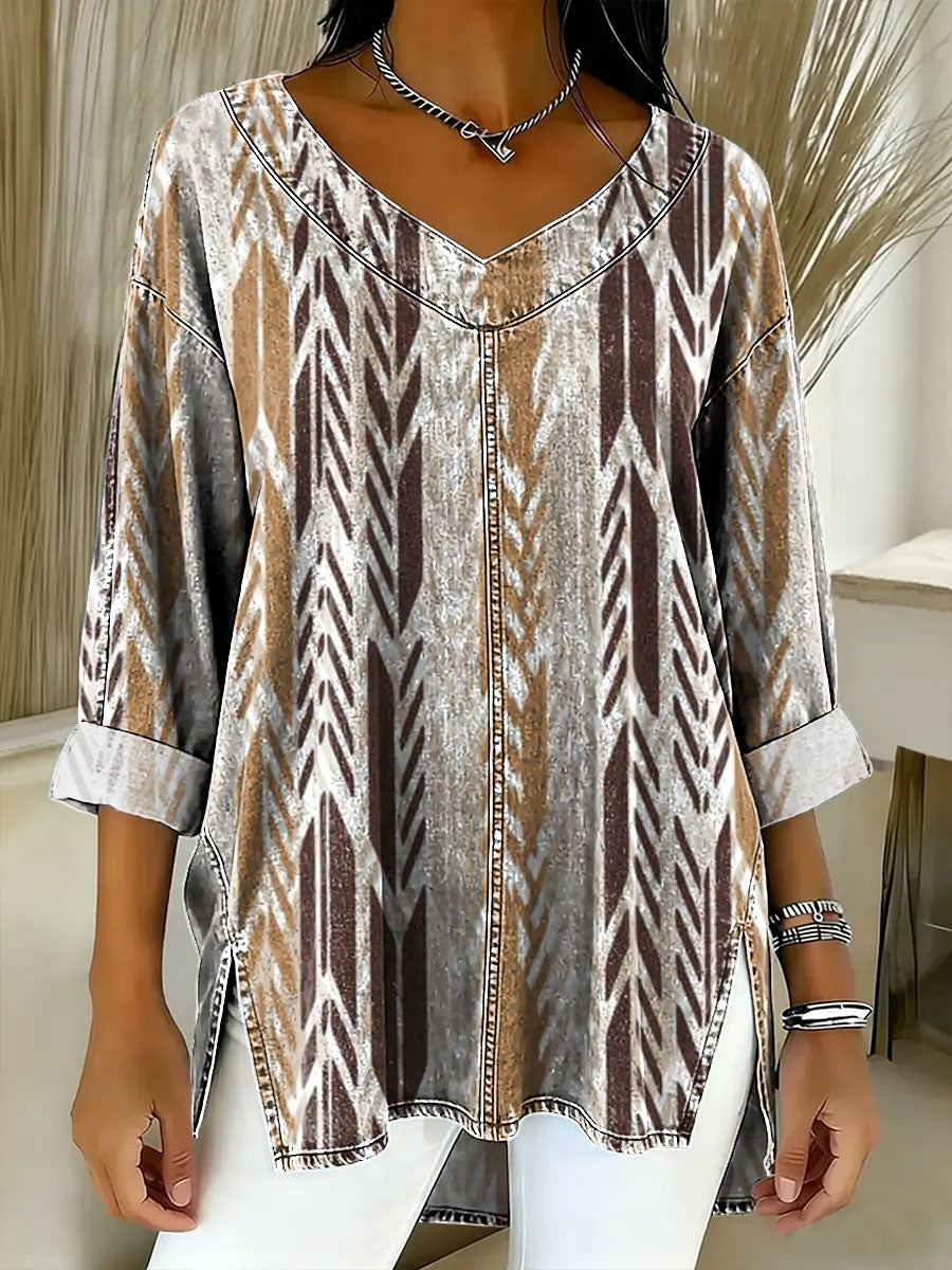 Women's Geometry Color Splicing Gradient Art Casual Washed Denim Cotton Top