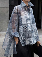 Women's Casual Loose-fit Printed Top With Shirt Collar And Long Sleeves