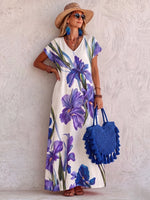 Vestido de vacaciones de algodón y lino con estampado artístico de acuarela de iris.