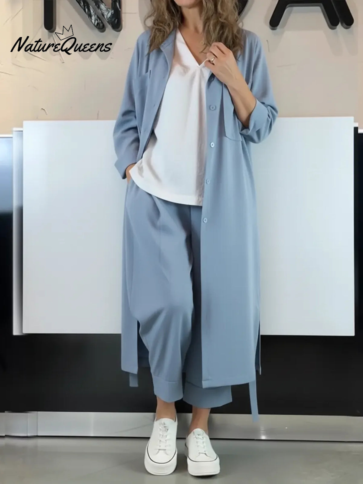 Women's Casual Cotton Extra-long Shirt And Pants Two-piece Set