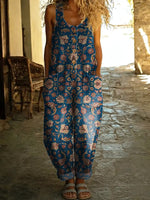 Women's Ethnic Style Flowers Print Casual Denim Jumpsuit