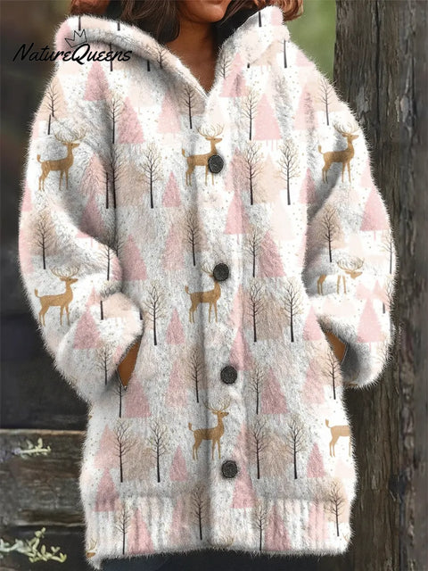 Pink Christmas tree Printed Knit Hoodie