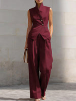 Women's Stand-up Collar Sleeveless Casual Loose Top And High-waisted Casual Loose Wide-leg Pants Cotton Set