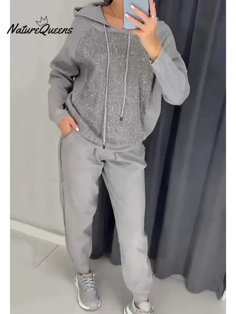Women's Casual Shiny Cotton Hooded Sweatshirt And Pants Two-piece Set