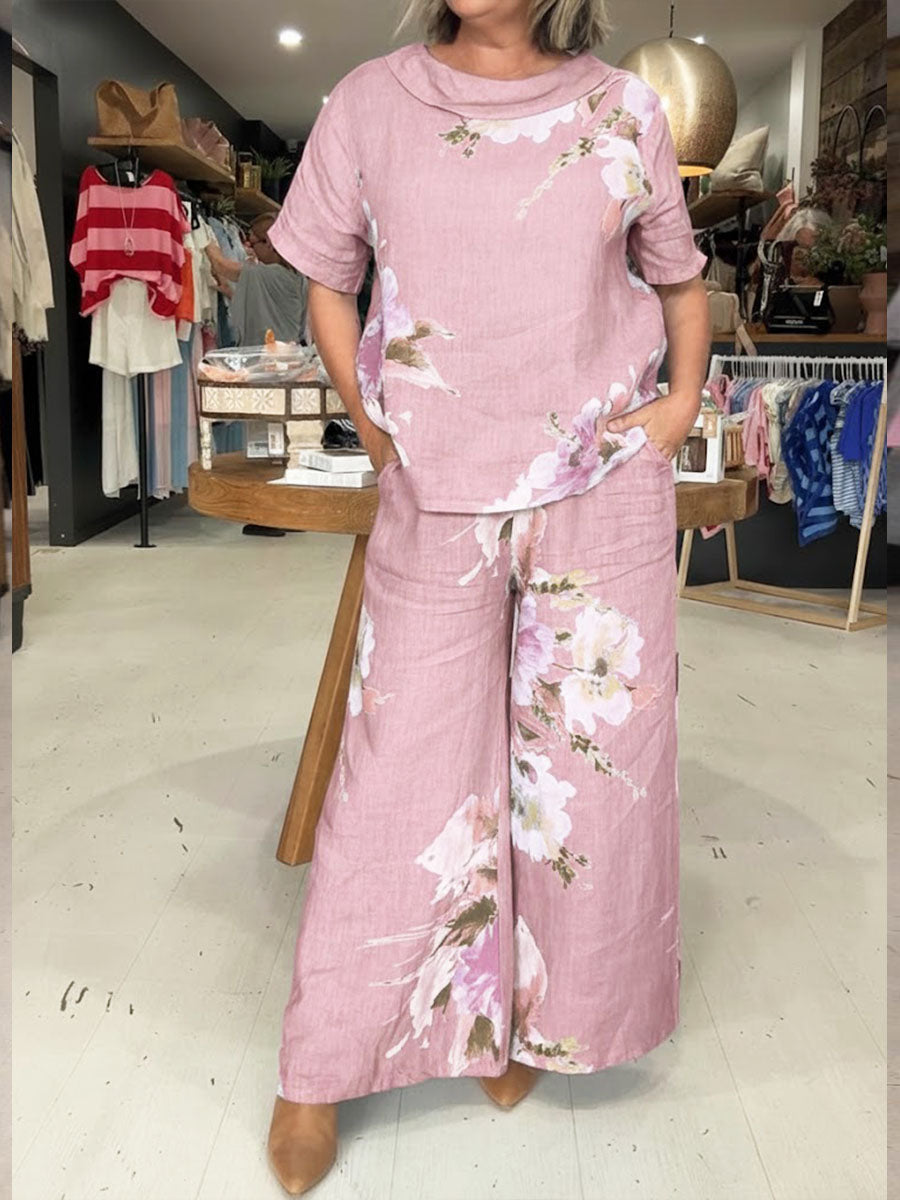 Women's Spring New Arrival Round Neck/peter Pan Collar Two-way Style Short-sleeved Casual Loose Cotton And Linen Pants Set