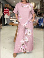 Women's Spring New Arrival Round Neck/peter Pan Collar Two-way Style Short-sleeved Casual Loose Cotton And Linen Pants Set