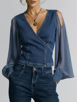 Women's V-neck Long-sleeved Casual Loose Denim Patchwork Top