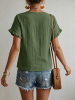 Floral-embroidered V-neck Casual Shirt With Ruffled Short Sleeves